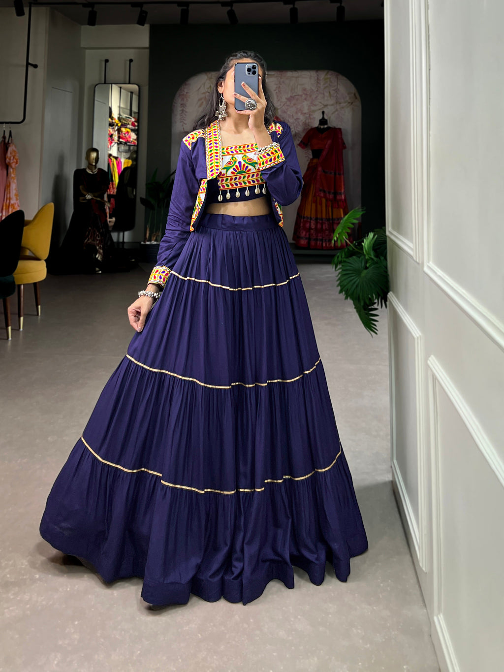 Lorenvalley Fashion Navyblue Pure Rayon Plain With Gota Patti Touch Up Lehenga Choli with Koti