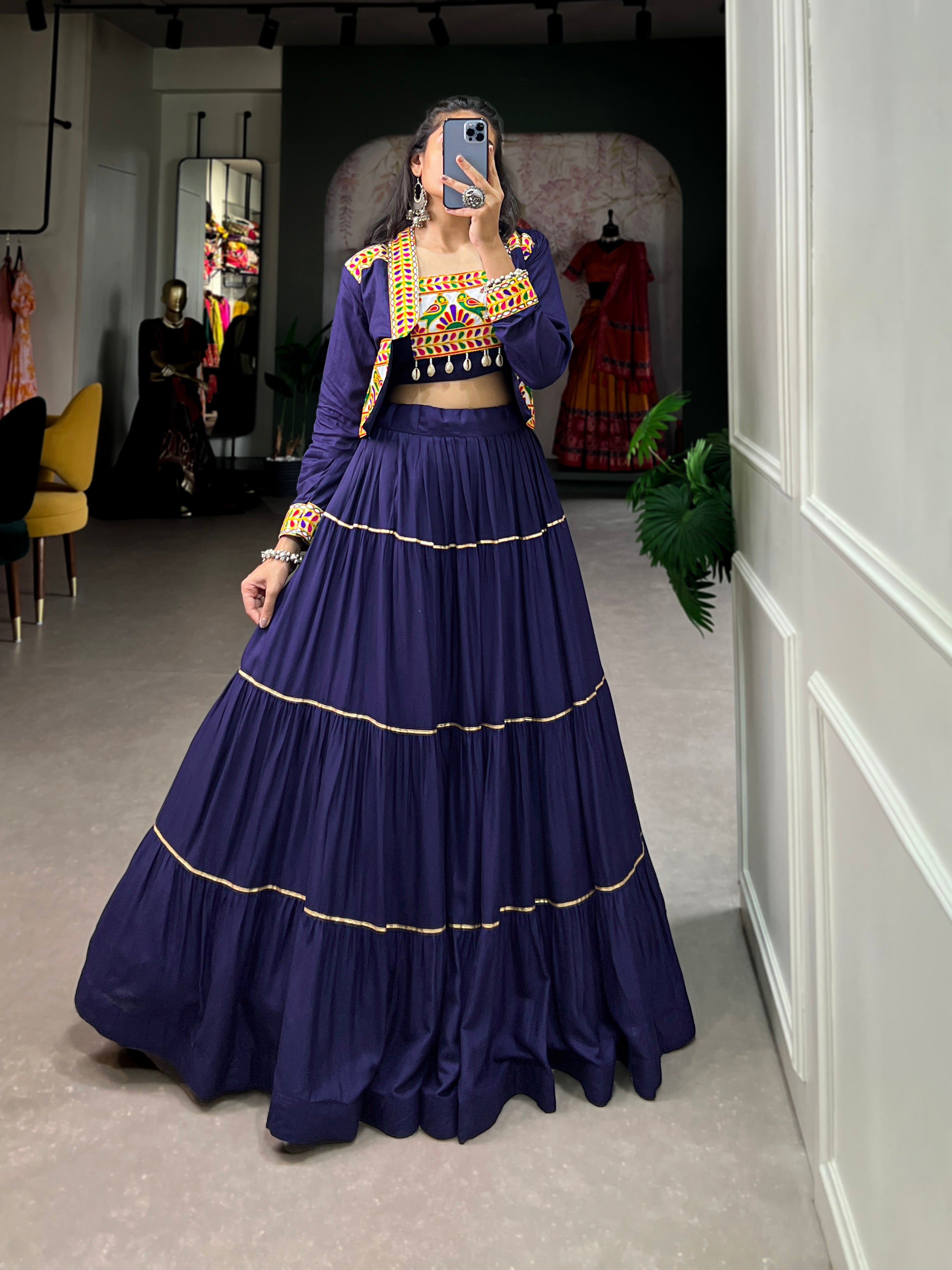 Lorenvalley Fashion Navyblue Pure Rayon Plain With Gota Patti Touch Up Lehenga Choli with Koti