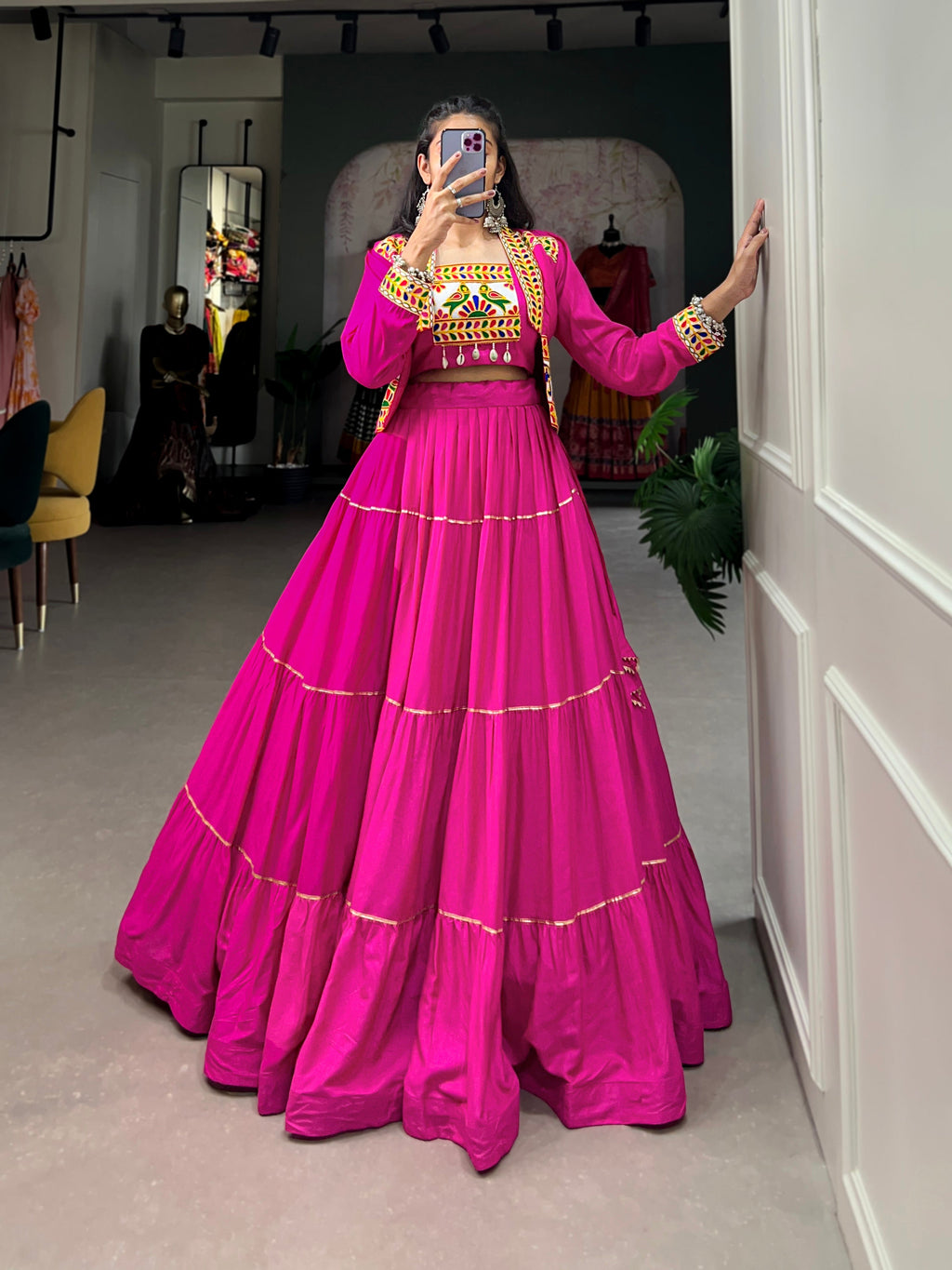 Lorenvalley Fashion Pink Pure Rayon Plain With Gota Patti Touch Up Lehenga Choli with Koti