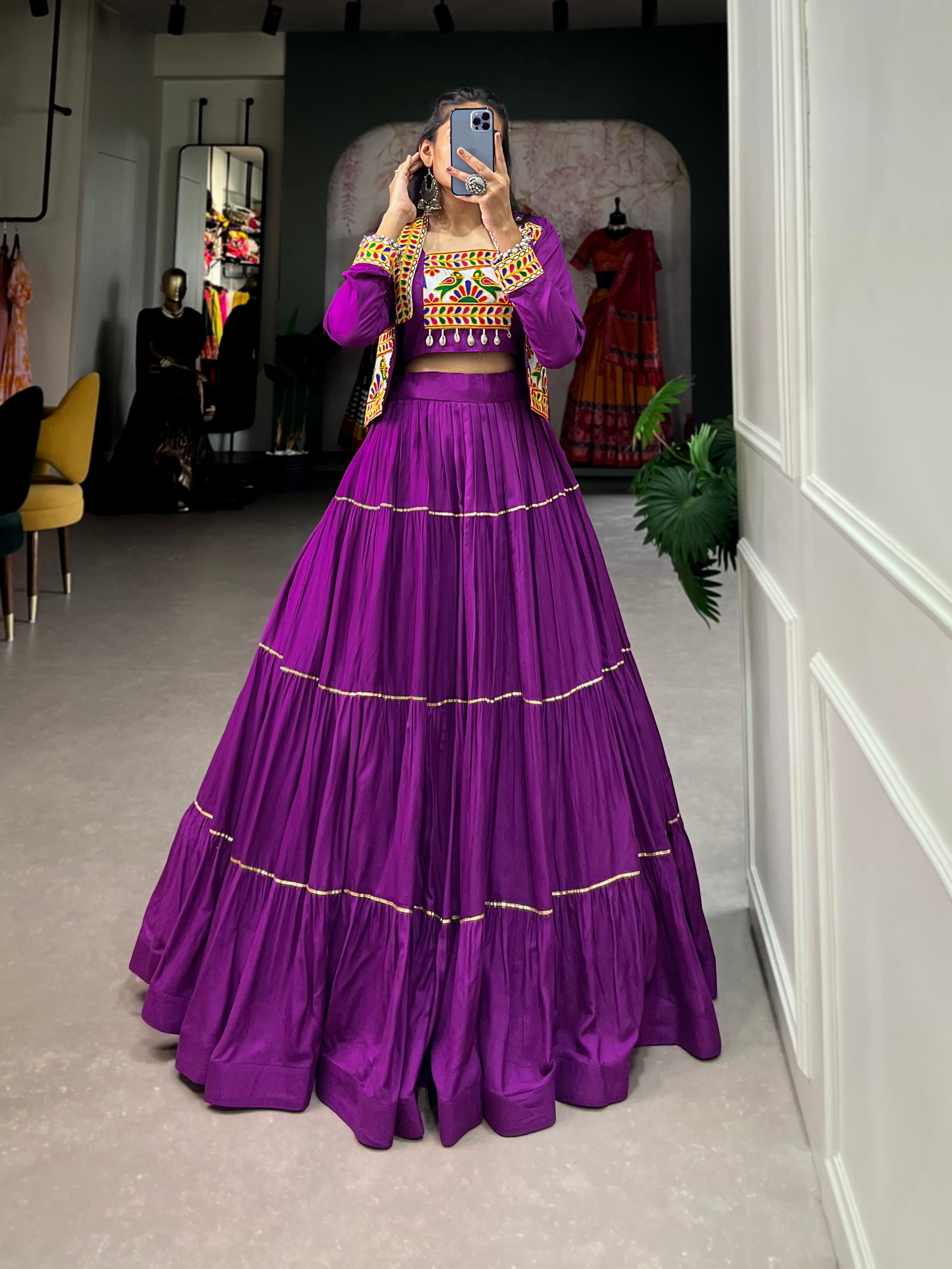 Lorenvalley Fashion Purple Pure Rayon Plain With Gota Patti Touch Up Lehenga Choli with Koti