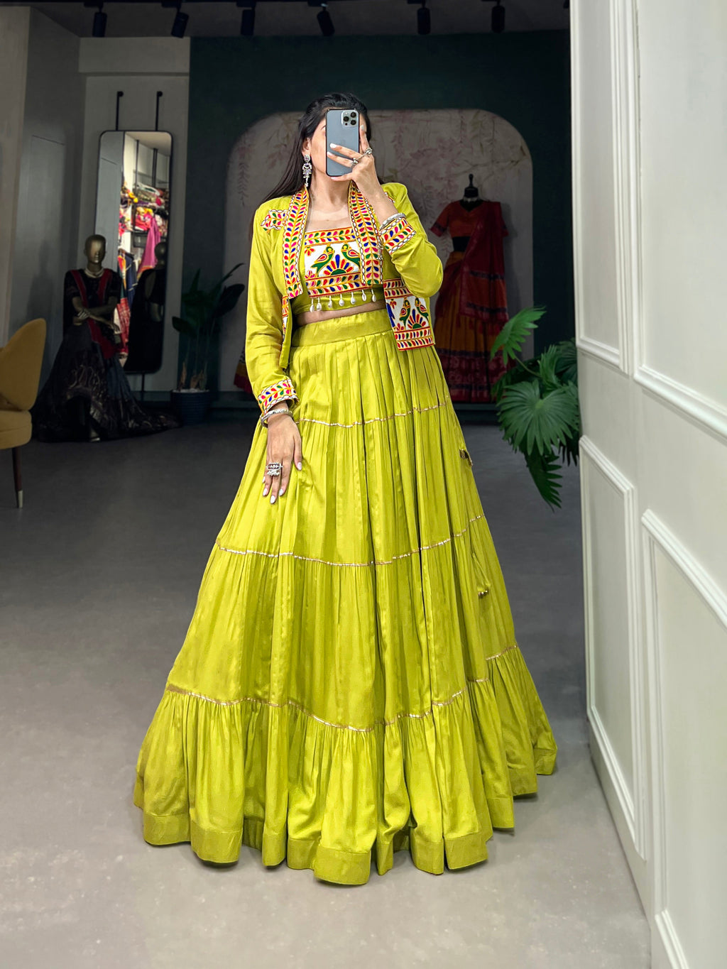 Lorenvalley Fashion Parotgreen Pure Rayon Plain With Gota Patti Touch Up Lehenga Choli with Koti