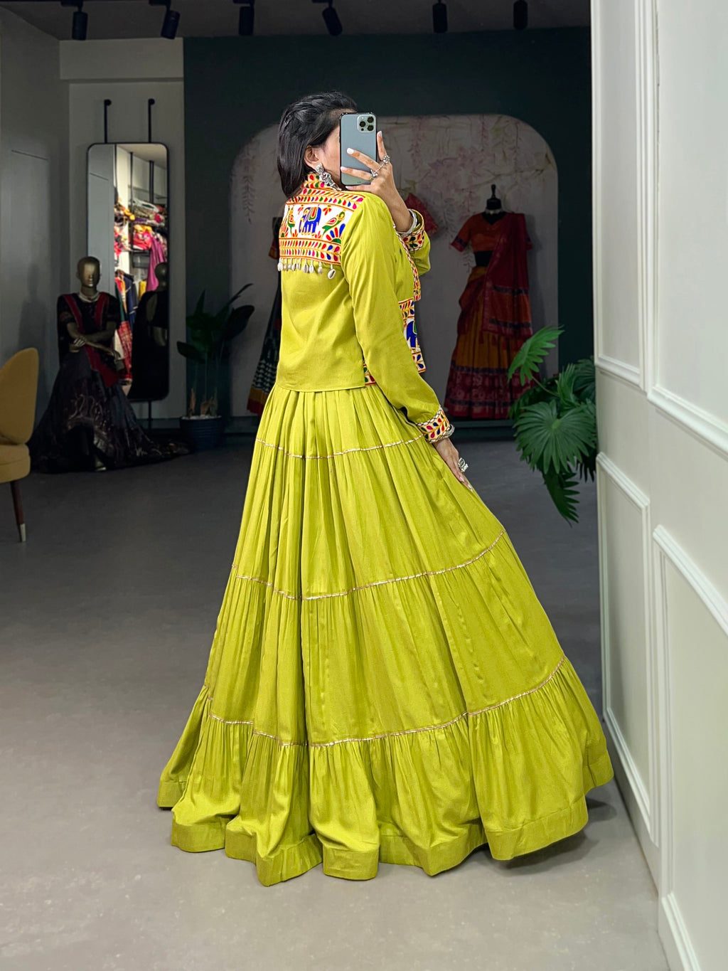 Lorenvalley Fashion Parotgreen Pure Rayon Plain With Gota Patti Touch Up Lehenga Choli with Koti