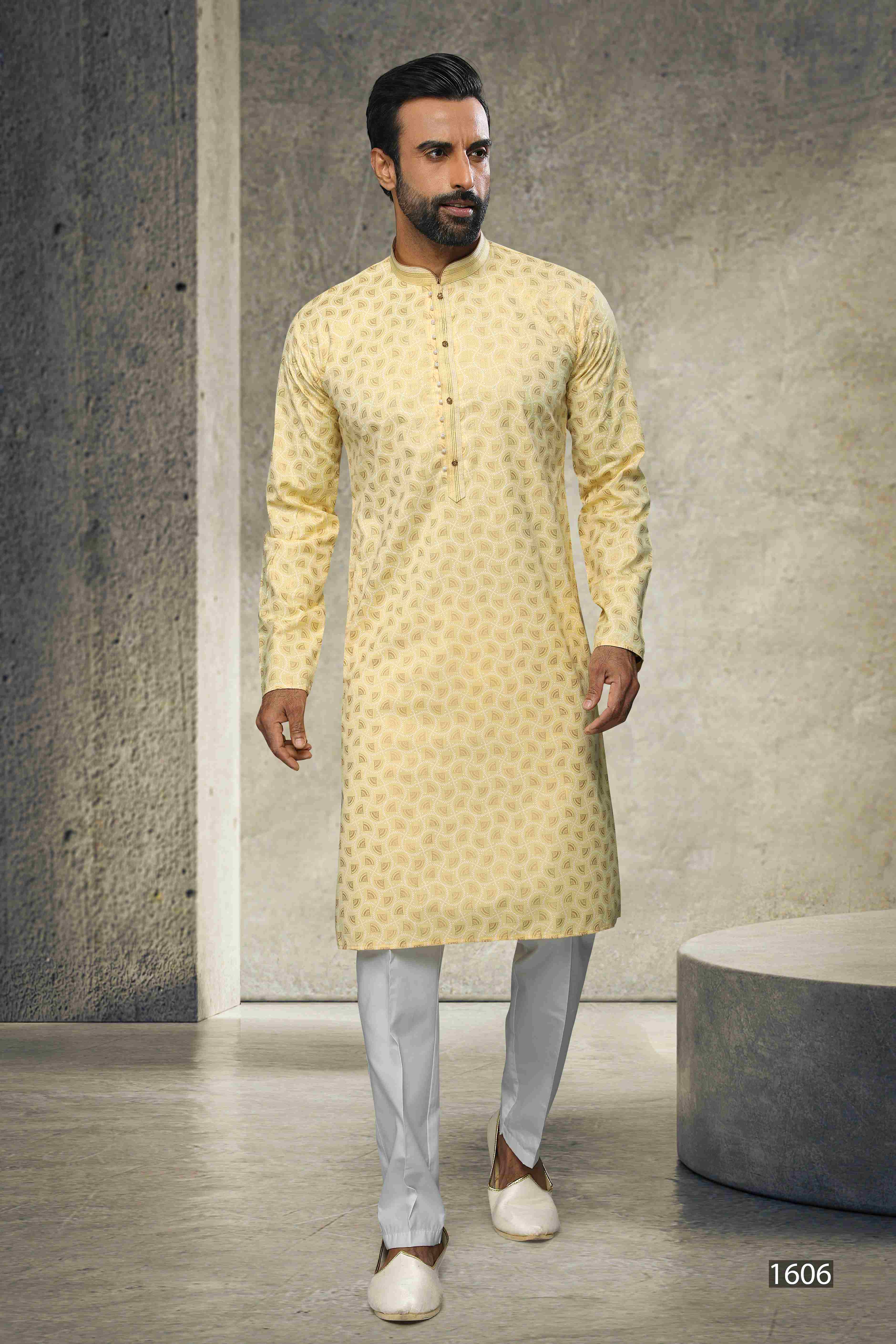 Raivat Ethnic Cotton Printed Work Kurta Pajama In Yellow Colour