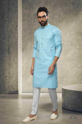 Raivat Ethnic Cotton Printed Work Kurta Pajama In Sky Blue Colour
