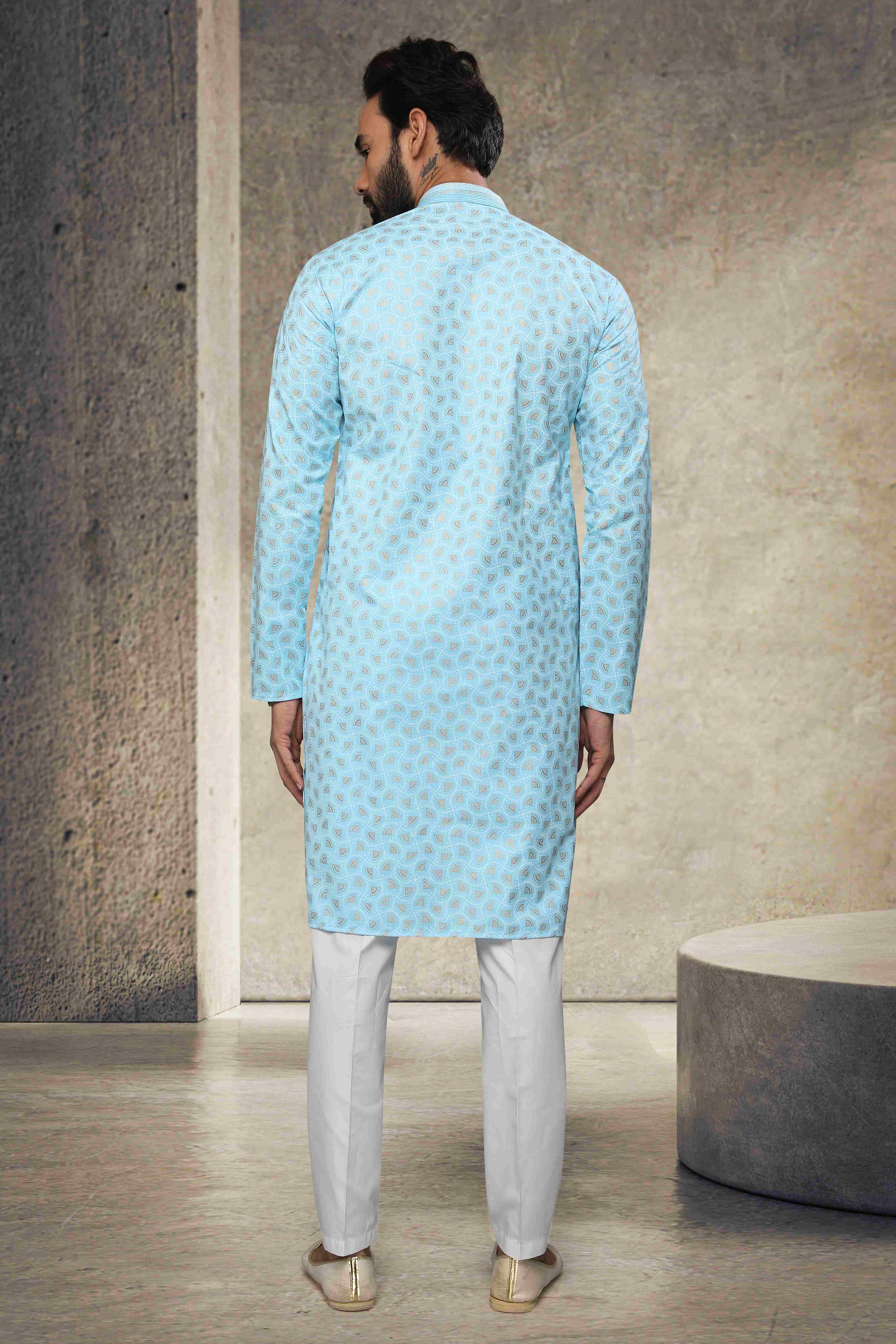 Raivat Ethnic Cotton Printed Work Kurta Pajama In Sky Blue Colour