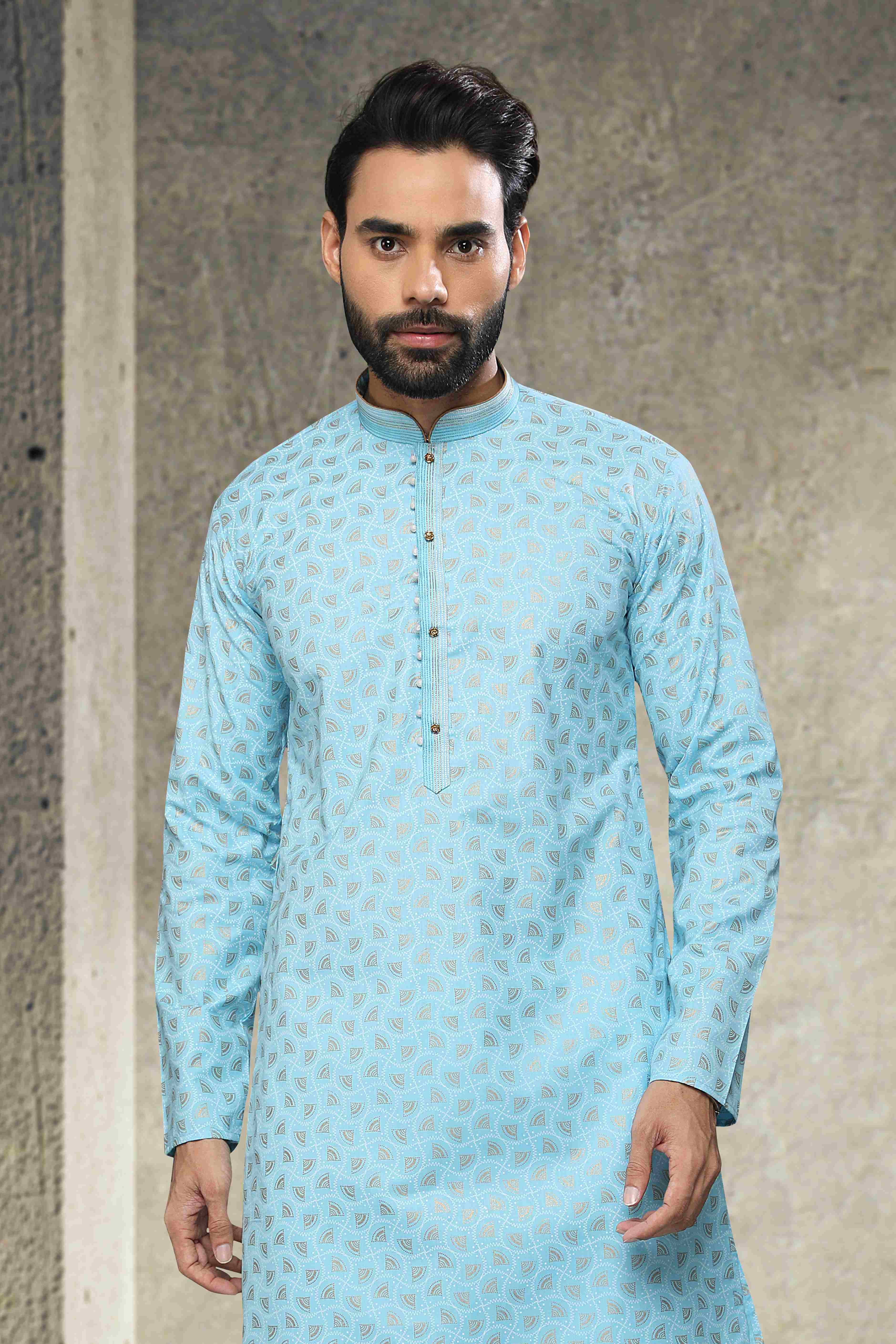 Raivat Ethnic Cotton Printed Work Kurta Pajama In Sky Blue Colour
