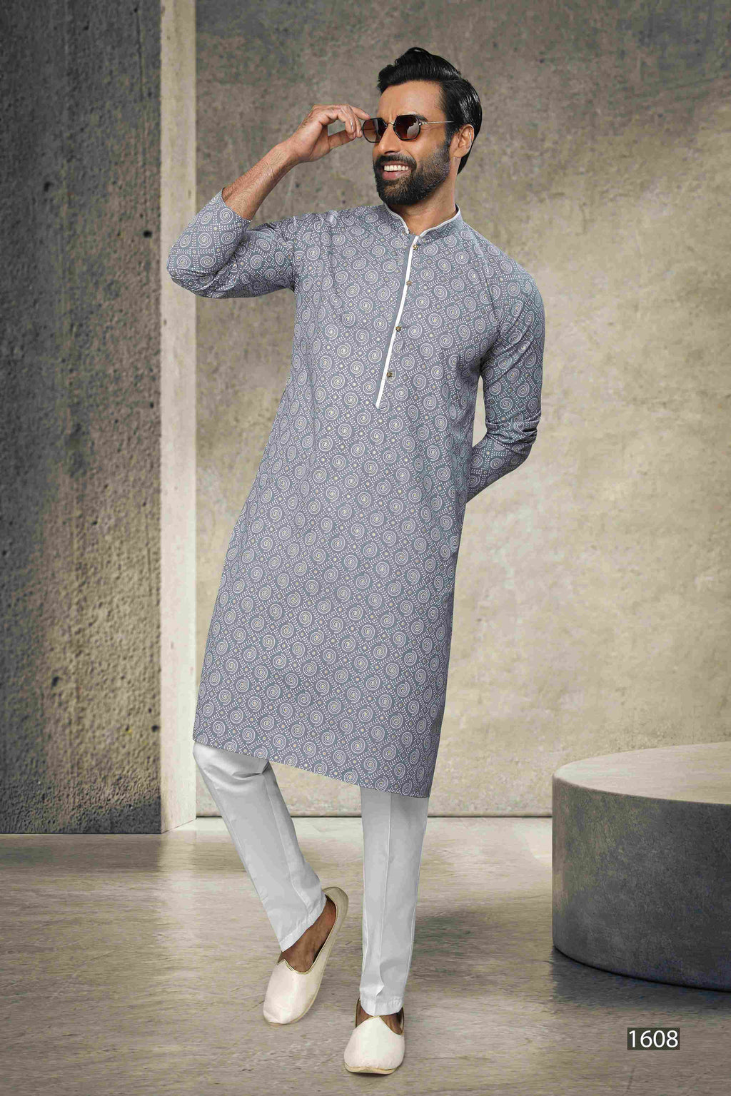 Raivat Ethnic Cotton Printed Work Kurta Pajama In Grey Colour