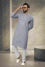 Raivat Ethnic Cotton Printed Work Kurta Pajama In Grey Colour