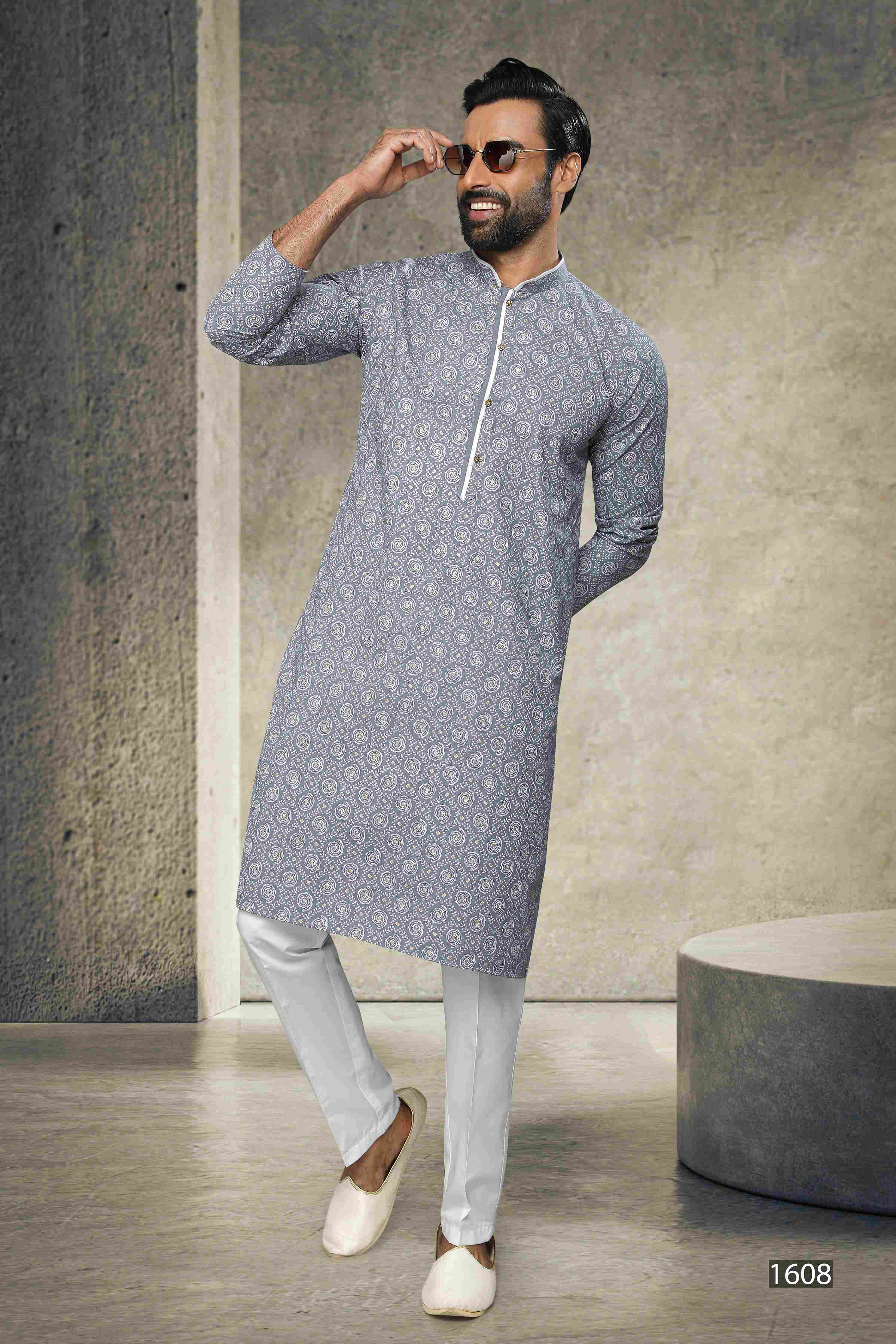 Raivat Ethnic Cotton Printed Work Kurta Pajama In Grey Colour