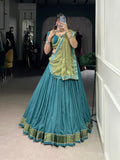 Lorenvalley Teal Pure Rayon Zari Weaving Work With Lace Border Lehenga Choli with Dupatta
