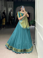 Lorenvalley Teal Pure Rayon Zari Weaving Work With Lace Border Lehenga Choli with Dupatta
