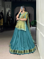 Lorenvalley Teal Pure Rayon Zari Weaving Work With Lace Border Lehenga Choli with Dupatta
