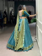 Lorenvalley Teal Pure Rayon Zari Weaving Work With Lace Border Lehenga Choli with Dupatta