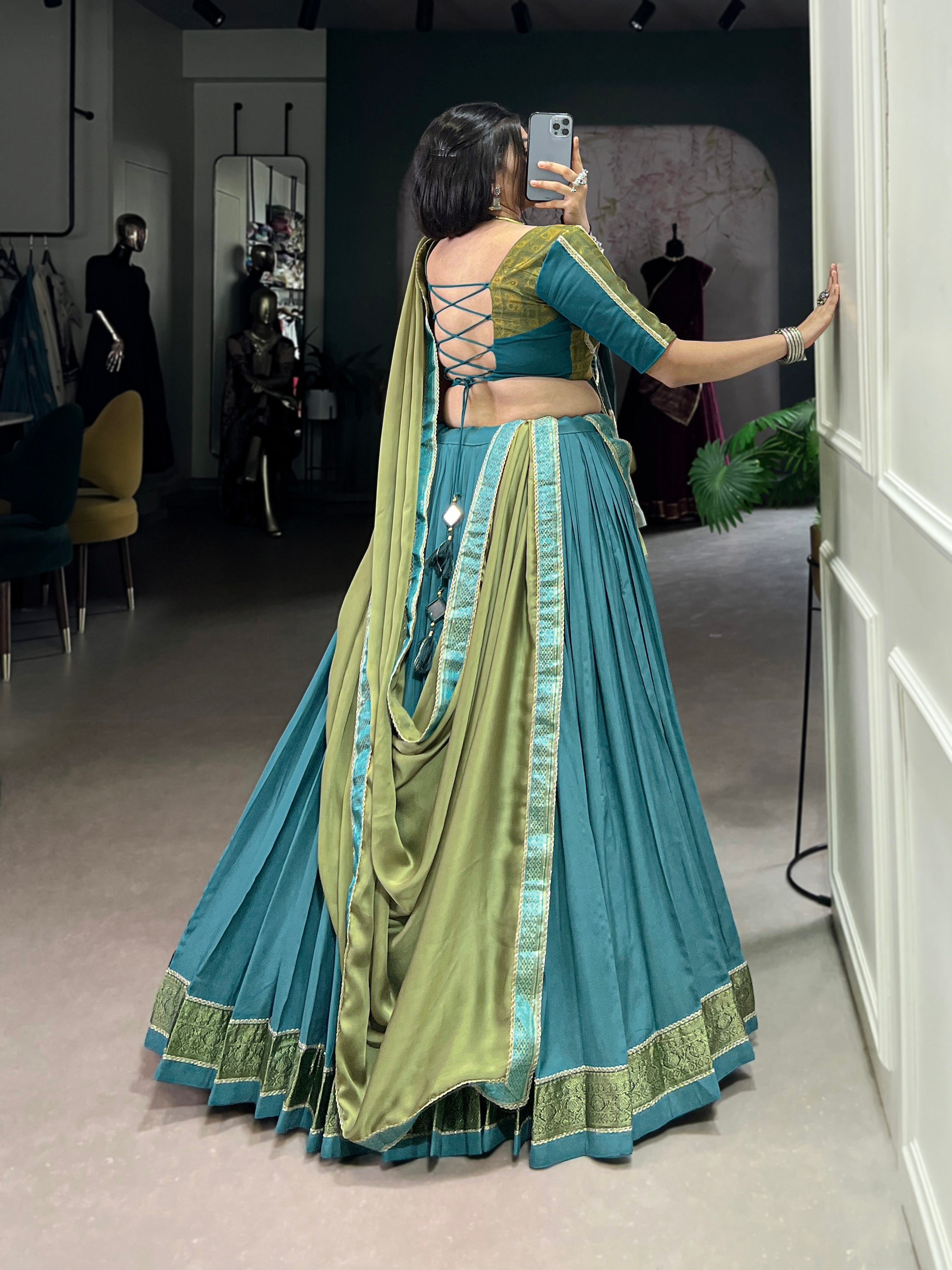 Lorenvalley Teal Pure Rayon Zari Weaving Work With Lace Border Lehenga Choli with Dupatta