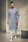Raivat Ethnic Cotton Printed Work Kurta Pajama In Grey Colour
