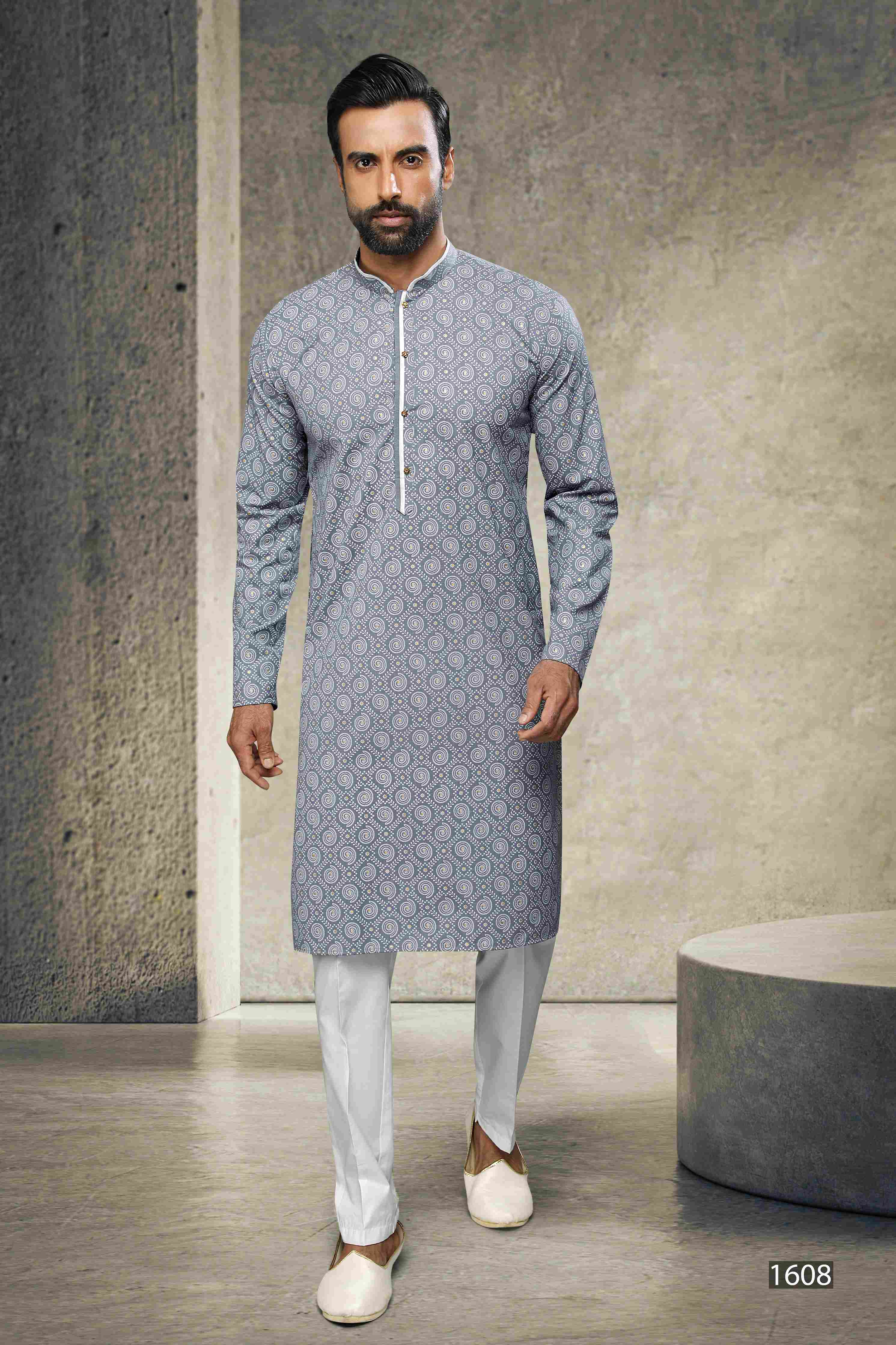 Raivat Ethnic Cotton Printed Work Kurta Pajama In Grey Colour