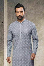Raivat Ethnic Cotton Printed Work Kurta Pajama In Grey Colour