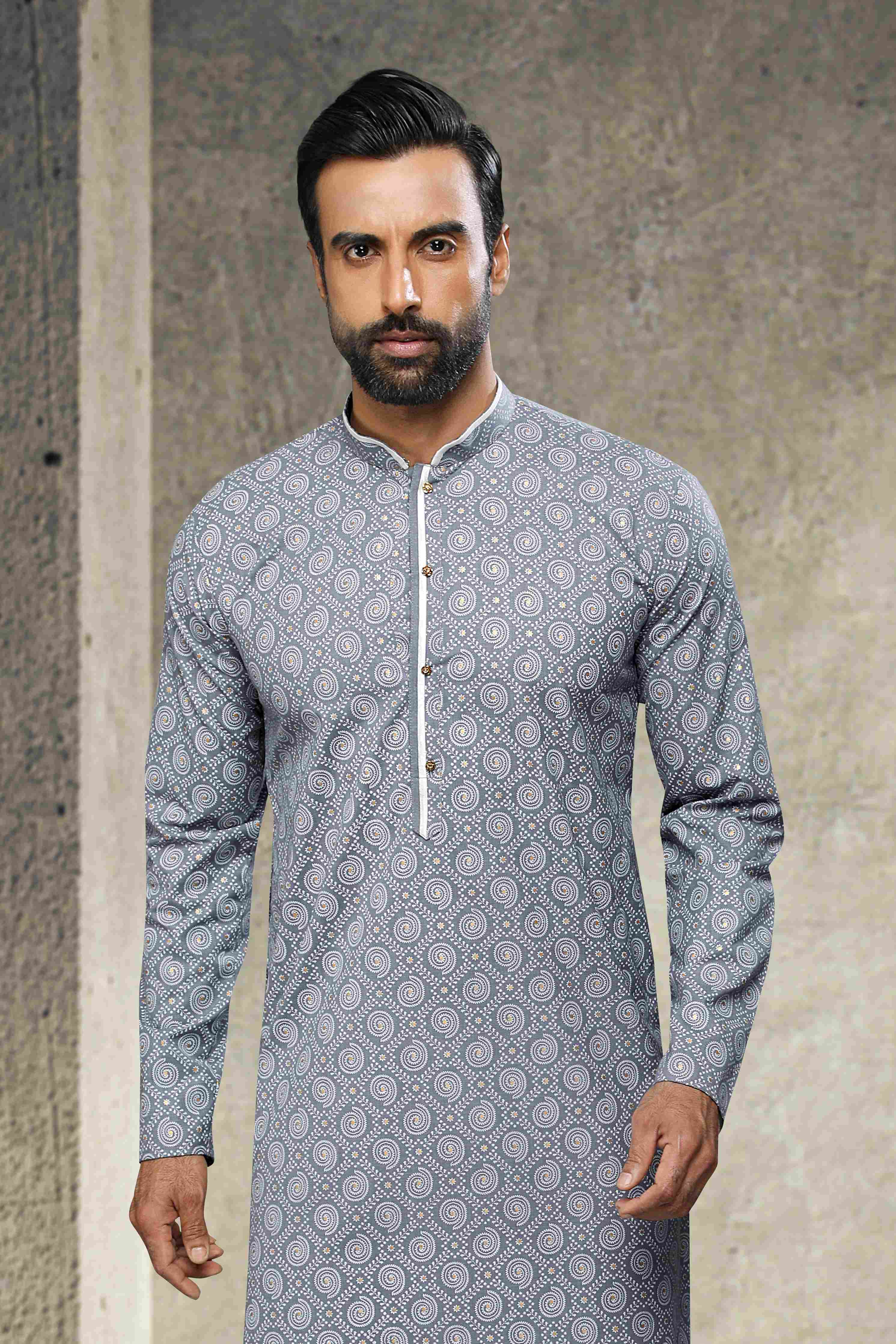 Raivat Ethnic Cotton Printed Work Kurta Pajama In Grey Colour