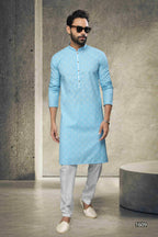 Raivat Ethnic Cotton Printed Work Kurta Pajama In Sky Blue Colour