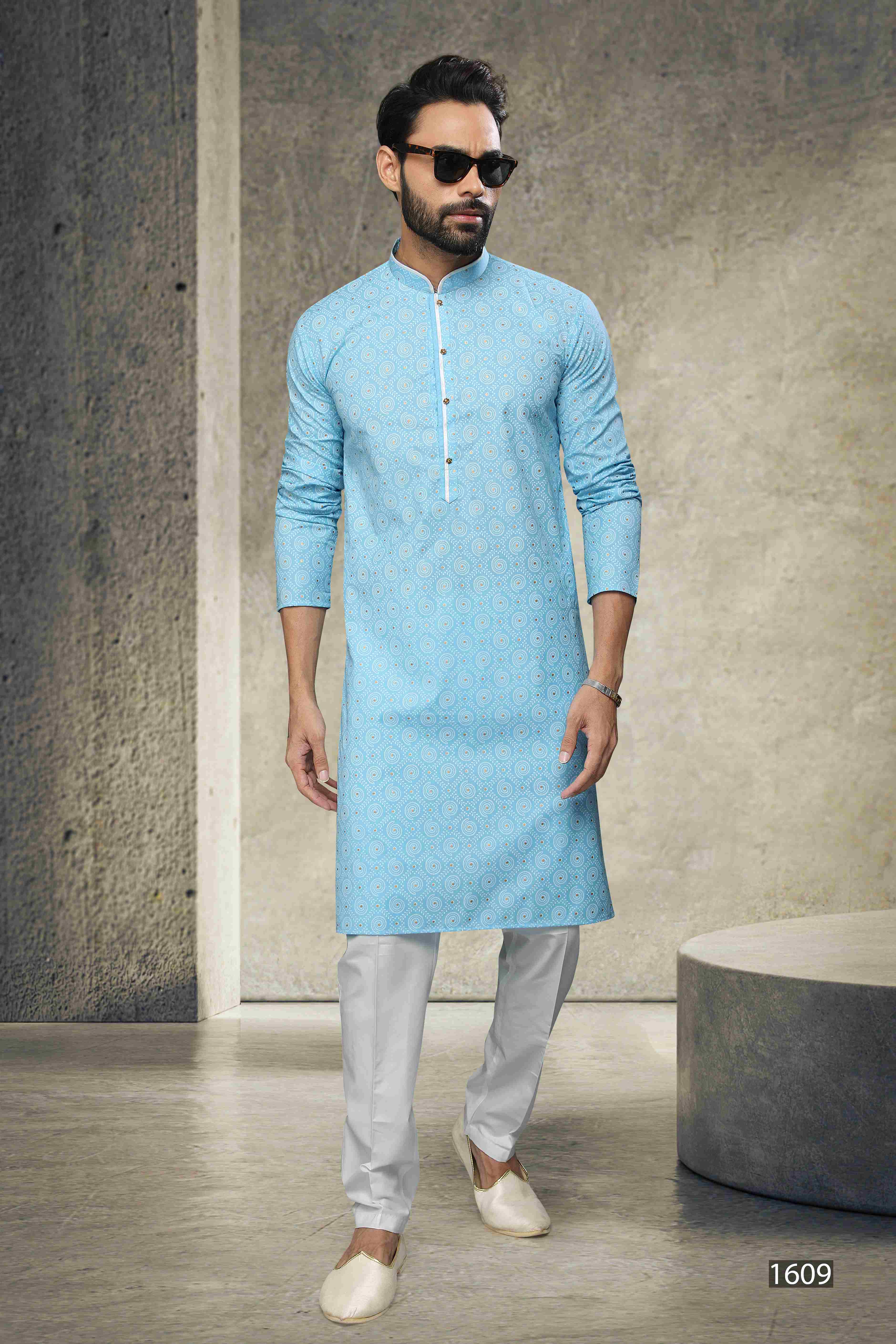 Raivat Ethnic Cotton Printed Work Kurta Pajama In Sky Blue Colour