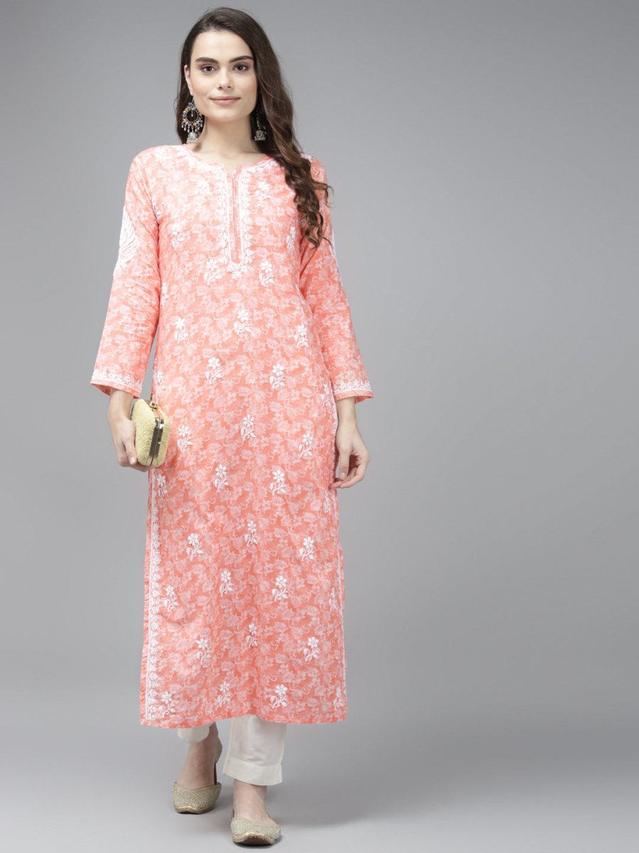 ADA Women Peach-Coloured & White Ethnic Motifs Chikankari Cotton Handloom Kurta