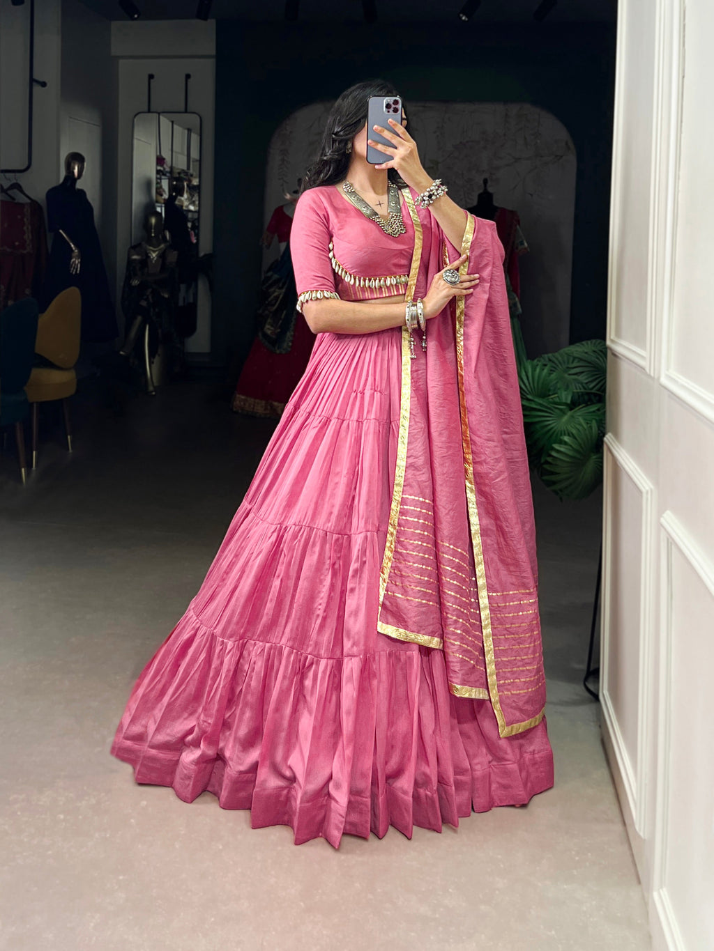 Lorenvalley Pink Pure Chanderi Plain Lehenga Choli Cowrie (Kodi) Lace Touch Up with Dupatta