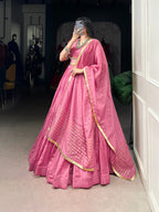 Lorenvalley Pink Pure Chanderi Plain Lehenga Choli Cowrie (Kodi) Lace Touch Up with Dupatta