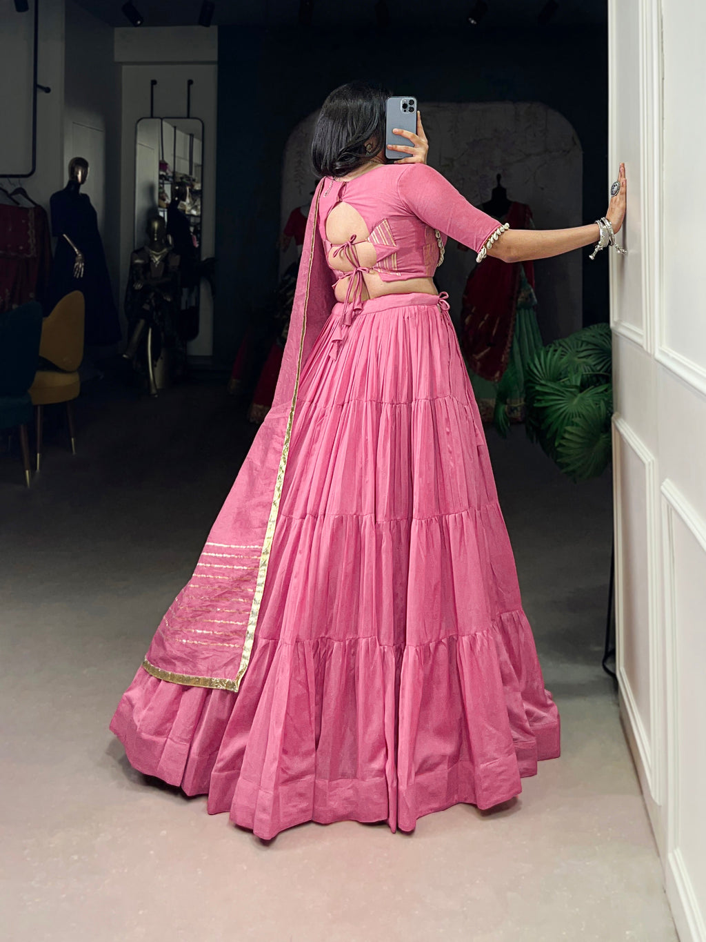 Lorenvalley Pink Pure Chanderi Plain Lehenga Choli Cowrie (Kodi) Lace Touch Up with Dupatta