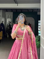 Lorenvalley Pink Pure Chanderi Plain Lehenga Choli Cowrie (Kodi) Lace Touch Up with Dupatta
