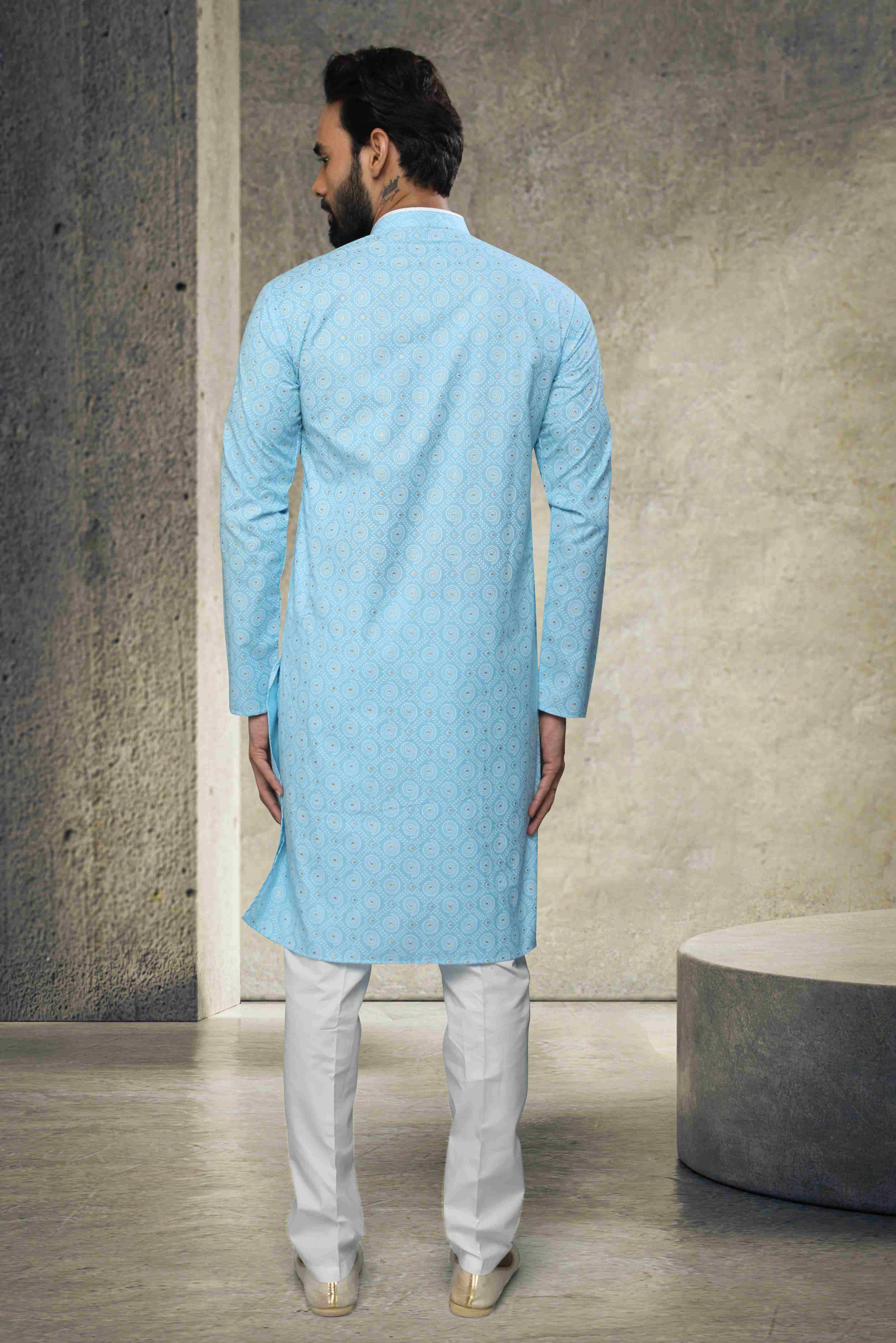 Raivat Ethnic Cotton Printed Work Kurta Pajama In Sky Blue Colour
