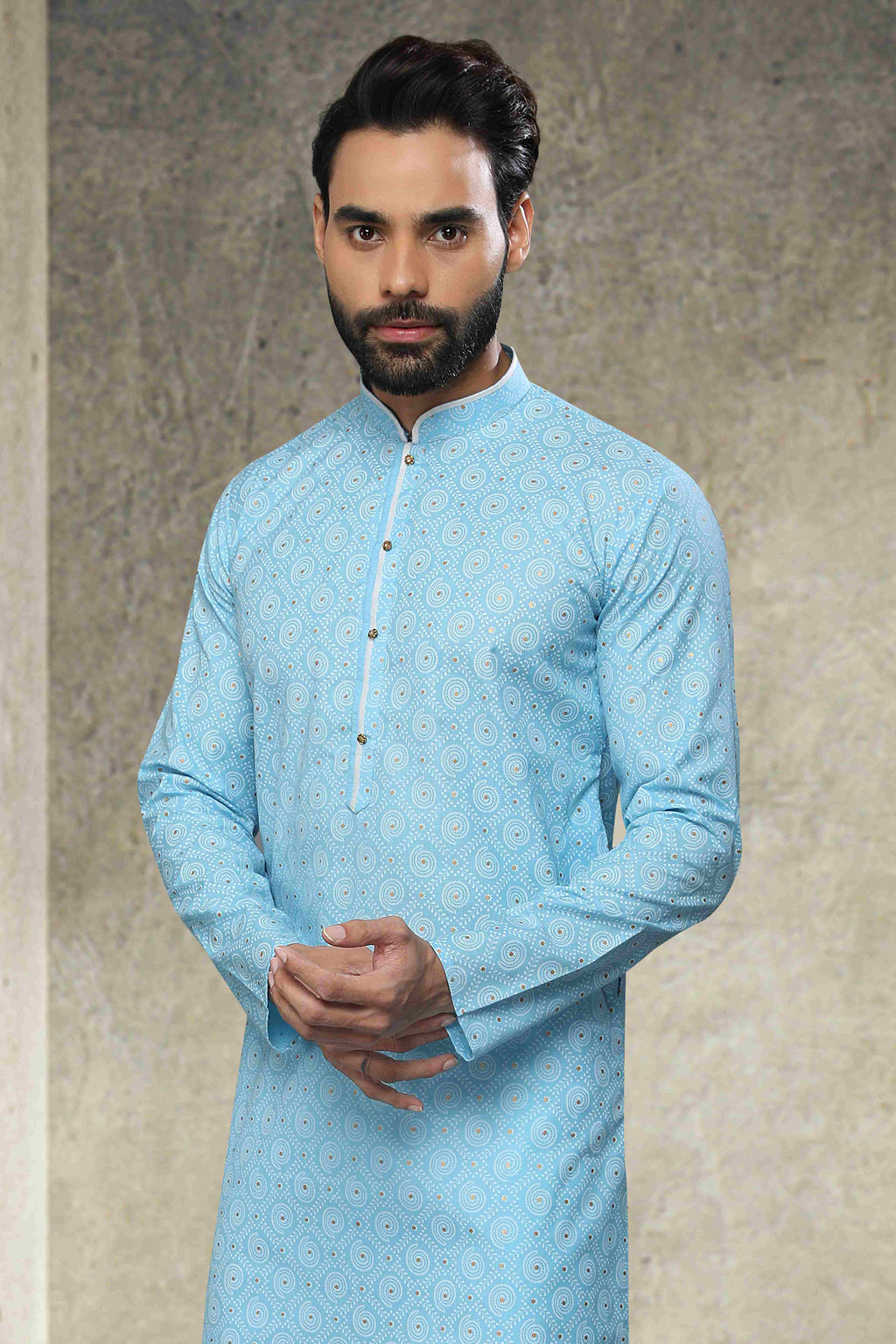 Raivat Ethnic Cotton Printed Work Kurta Pajama In Sky Blue Colour