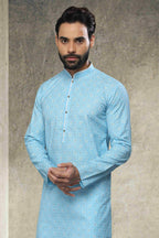 Raivat Ethnic Cotton Printed Work Kurta Pajama In Sky Blue Colour