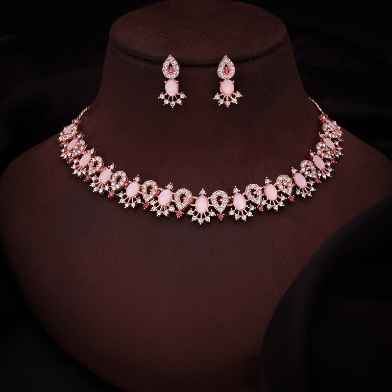 Tehzeeb Creations Baby Pink Colour Ad Studded Necklace Jewellery Set With Matching Earrings For Women And Girls