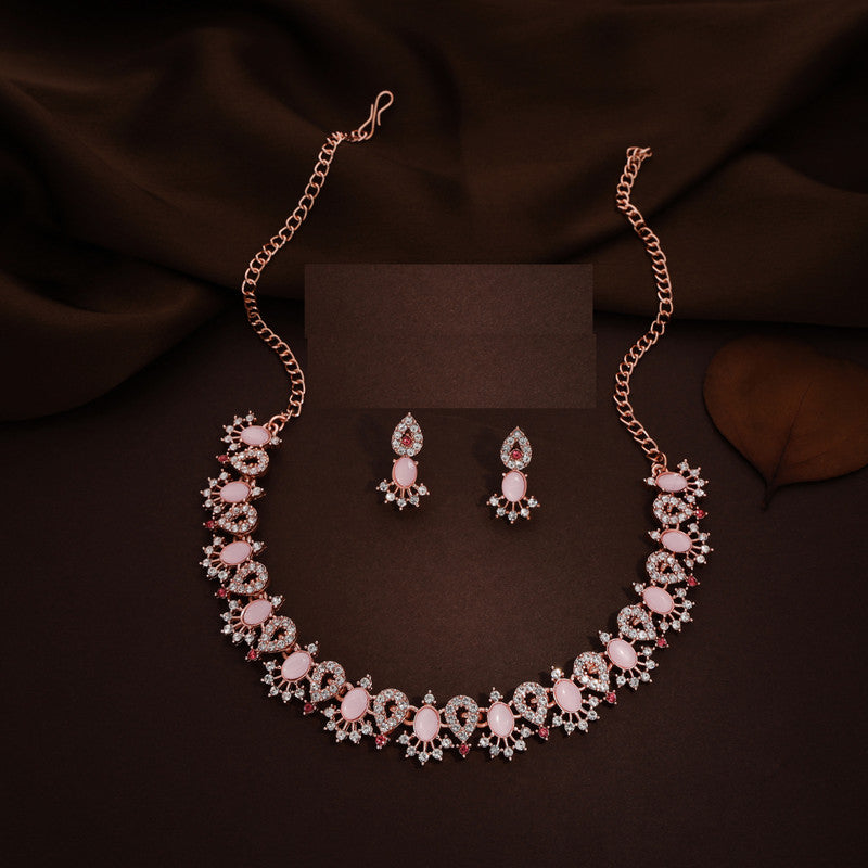 Tehzeeb Creations Baby Pink Colour Ad Studded Necklace Jewellery Set With Matching Earrings For Women And Girls