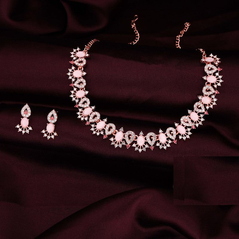 Tehzeeb Creations Baby Pink Colour Ad Studded Necklace Jewellery Set With Matching Earrings For Women And Girls