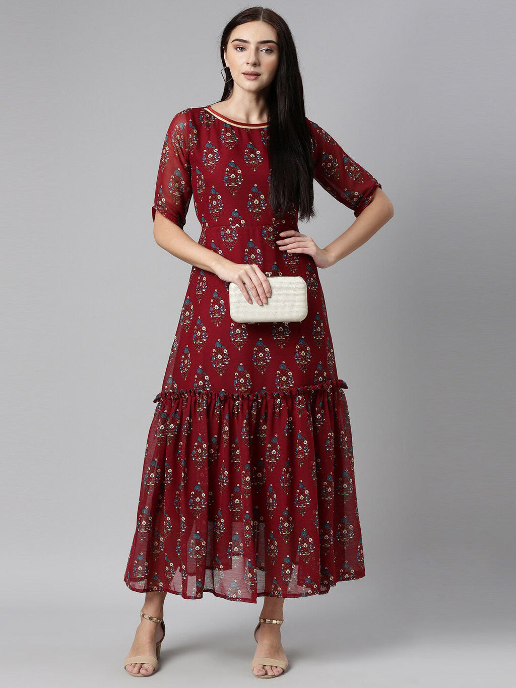 Souchii Floral Printed Boat Neck Chiffon Maxi Dress - Distacart