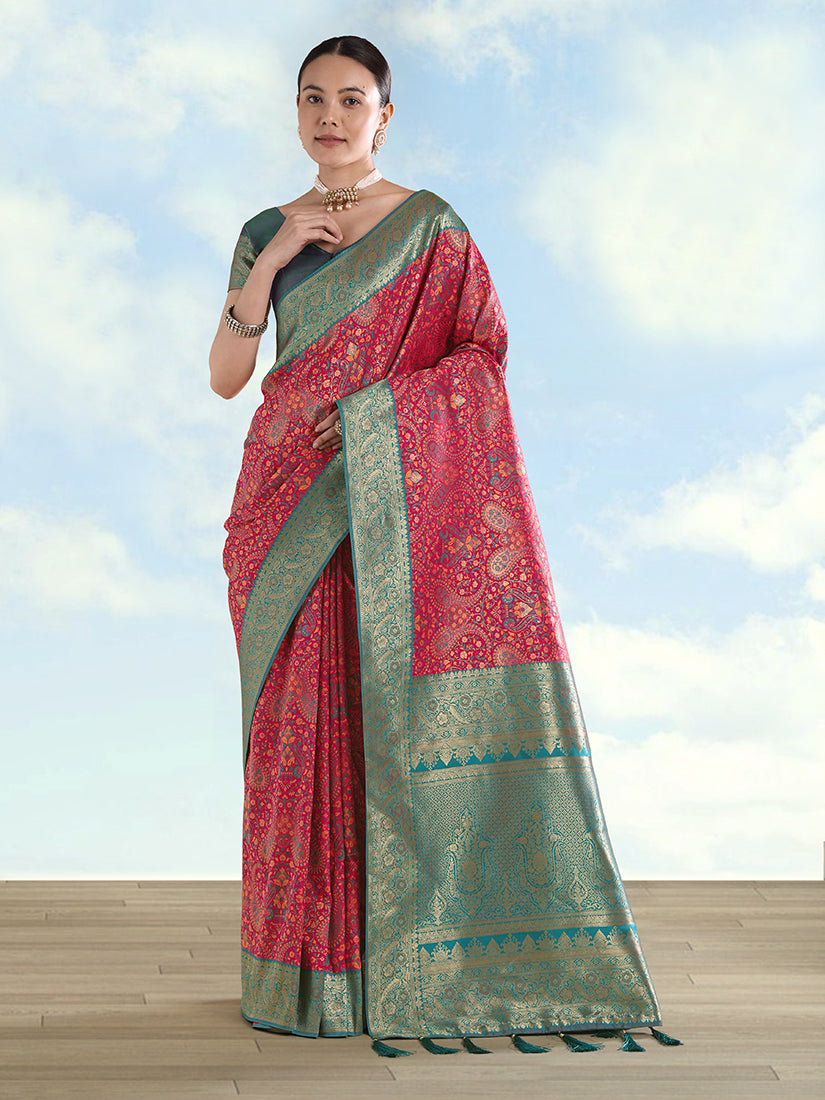 Monjolika Fashion Rani Pink Banarasi Silk Saree With Traditional Paisley Weaves - Distacart