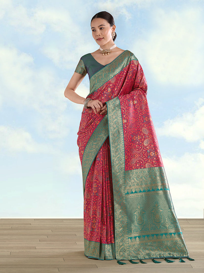 Monjolika Fashion Rani Pink Banarasi Silk Saree With Traditional Paisley Weaves - Distacart