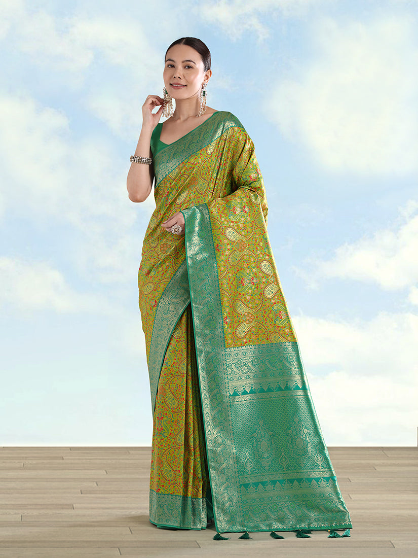 Monjolika Fashion Lemon Green Banarasi Silk Saree With Traditional Paisley Weaves - Distacart