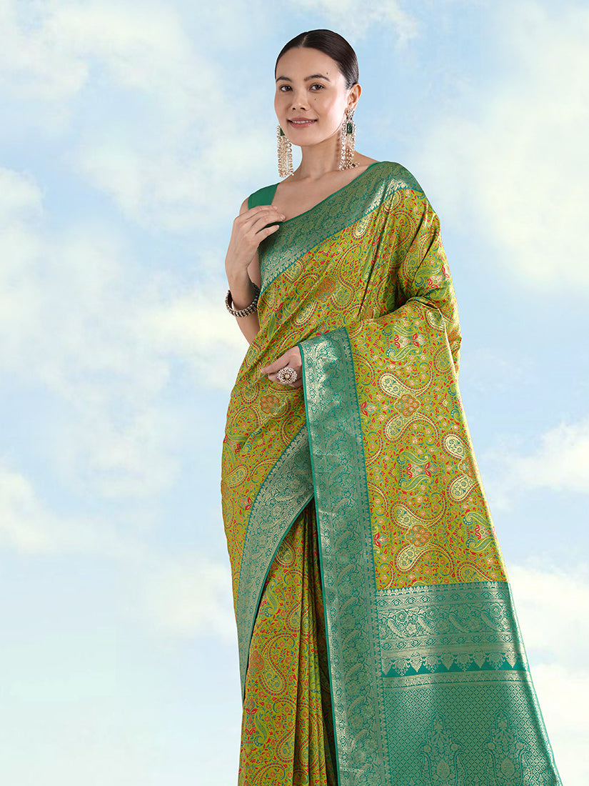 Monjolika Fashion Lemon Green Banarasi Silk Saree With Traditional Paisley Weaves - Distacart