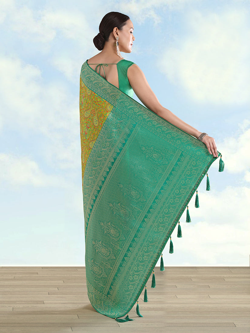 Monjolika Fashion Lemon Green Banarasi Silk Saree With Traditional Paisley Weaves - Distacart