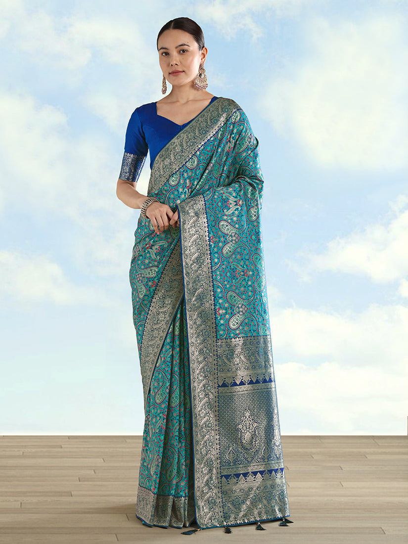 Monjolika Fashion Turquoise Banarasi Silk Saree With Traditional Paisley Weaves - Distacart
