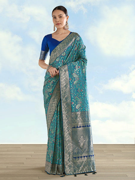 Monjolika Fashion Turquoise Banarasi Silk Saree With Traditional Paisley Weaves