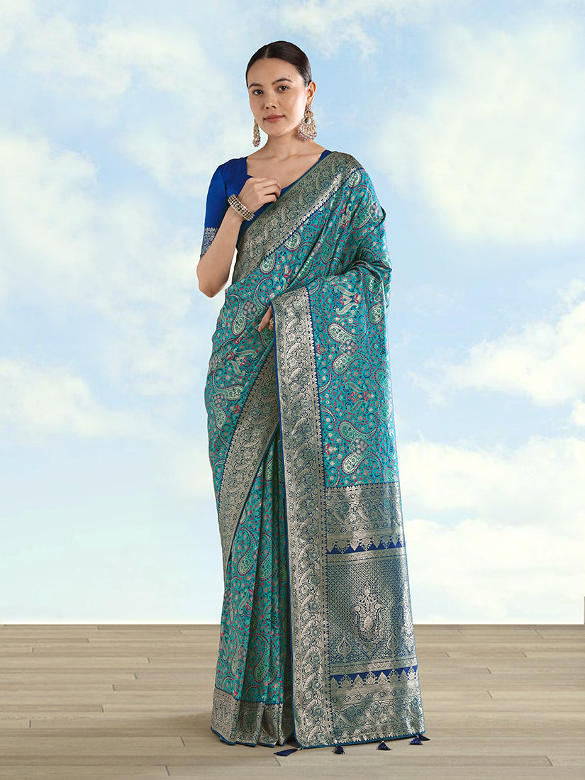 Monjolika Fashion Turquoise Banarasi Silk Saree With Traditional Paisley Weaves - Distacart