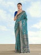 Monjolika Fashion Turquoise Banarasi Silk Saree With Traditional Paisley Weaves - Distacart