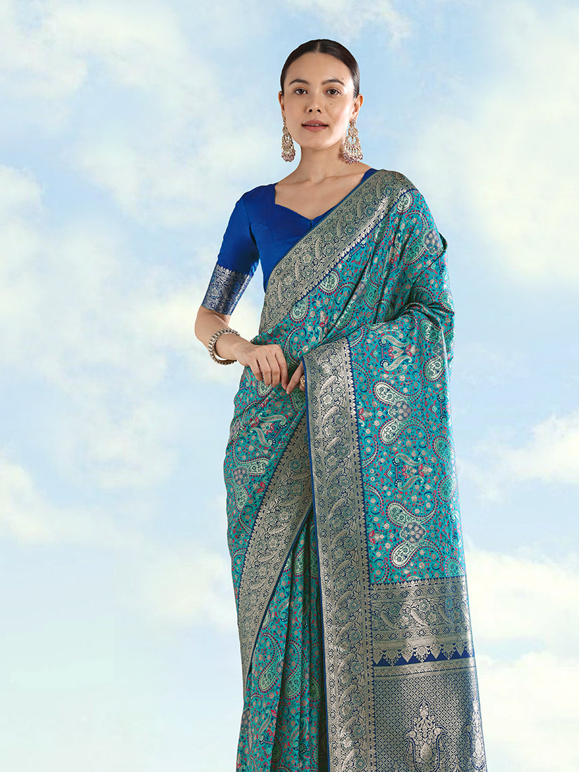 Monjolika Fashion Turquoise Banarasi Silk Saree With Traditional Paisley Weaves - Distacart