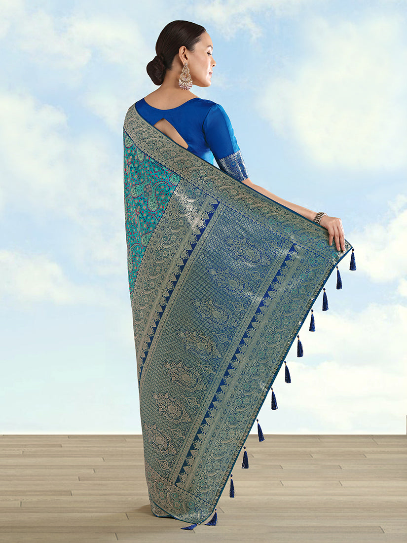 Monjolika Fashion Turquoise Banarasi Silk Saree With Traditional Paisley Weaves - Distacart