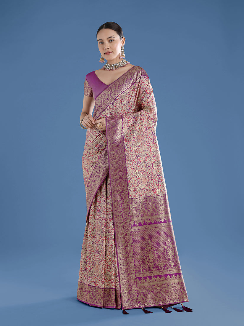 Monjolika Fashion Beige Banarasi Silk Saree With Traditional Paisley Weaves - Distacart