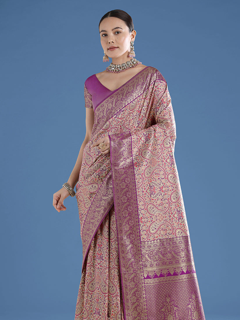 Monjolika Fashion Beige Banarasi Silk Saree With Traditional Paisley Weaves - Distacart