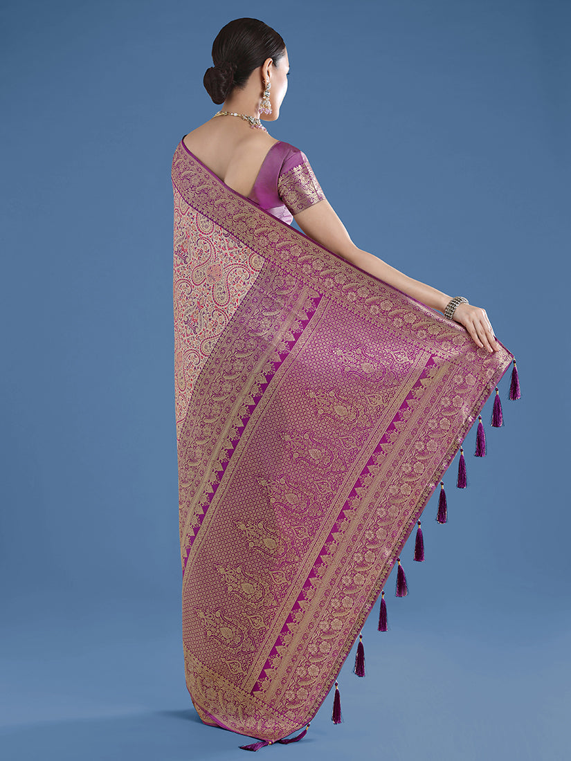Monjolika Fashion Beige Banarasi Silk Saree With Traditional Paisley Weaves - Distacart